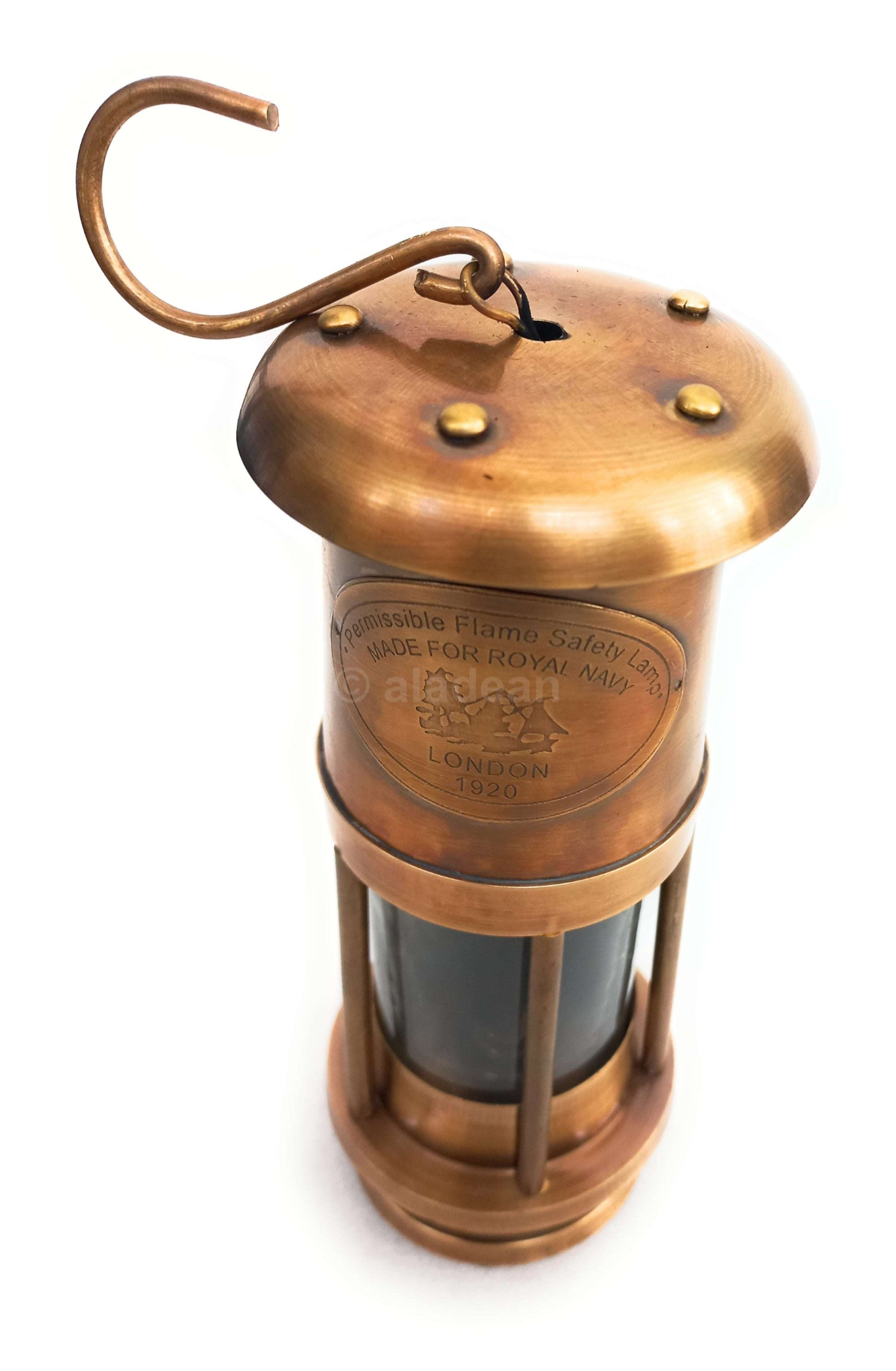 Miner Lamp 16cm - Oil Burning Hurricane Lamp Vintage Rustic Look Camping Lantern- Royal Navy Replica Housewarming Table Top Gifts for him & her