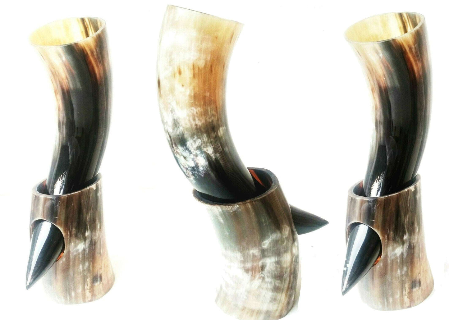 3x Viking Drinking Horn 100% Natural- THOR - Games of Thrones- Norse Goblet Ale Mead Beer Wine with Stand 10oz