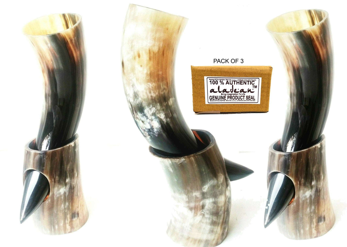 3x Viking Drinking Horn 100% Natural- THOR - Games of Thrones- Norse Goblet Ale Mead Beer Wine with Stand 10oz