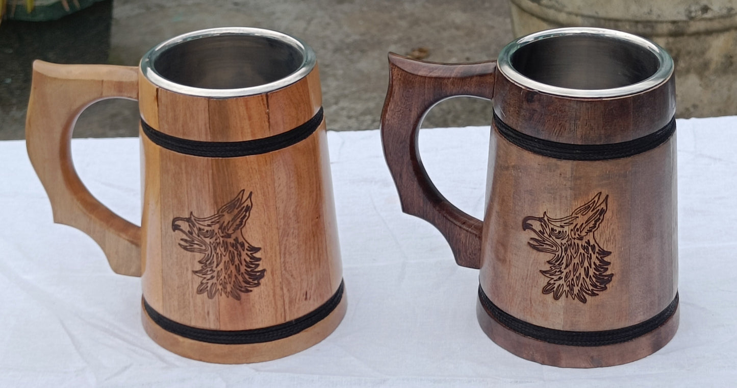 Chope à bière en bois faite à la main avec couche en acier inoxydable