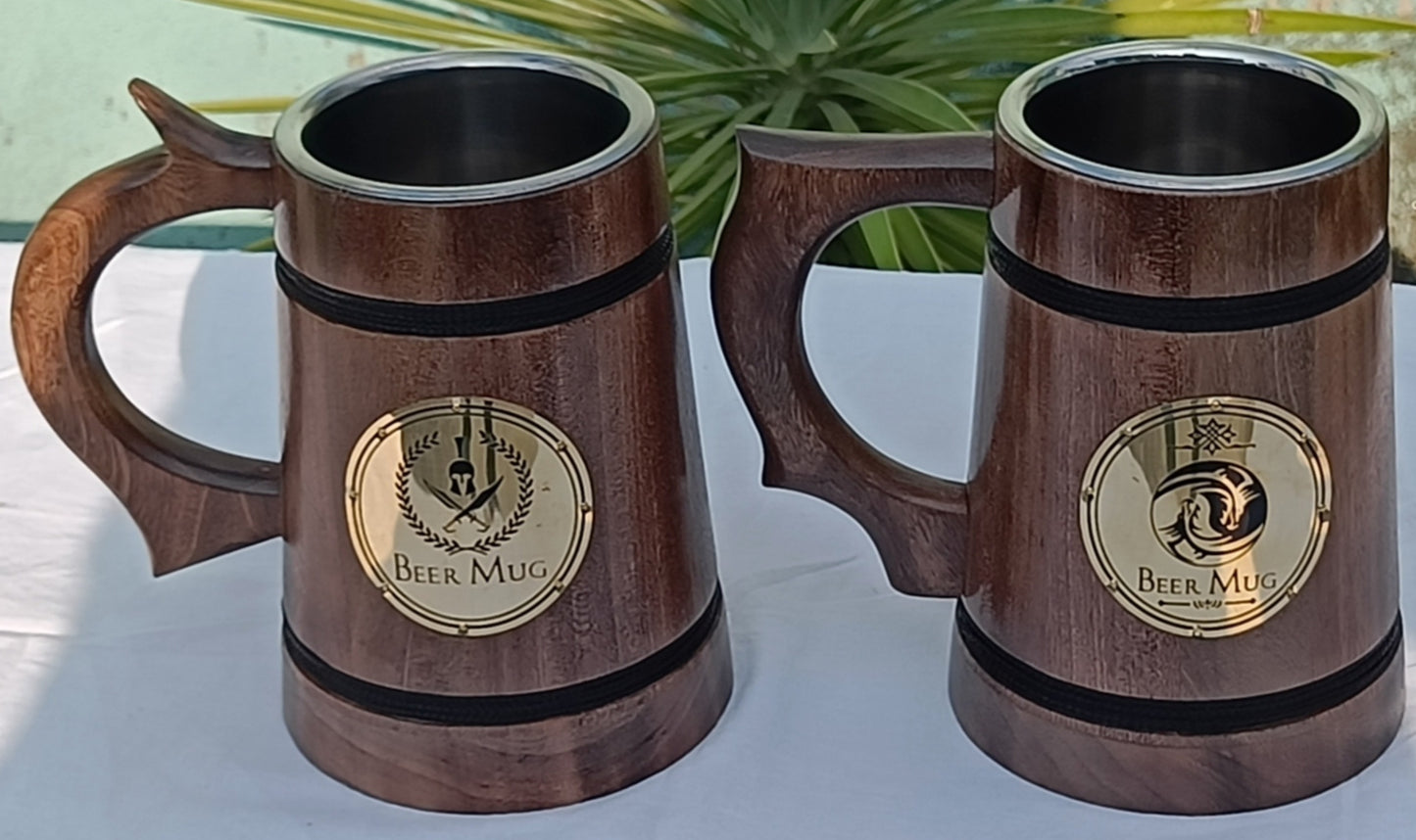 Chope à bière en bois faite à la main avec couche en acier inoxydable