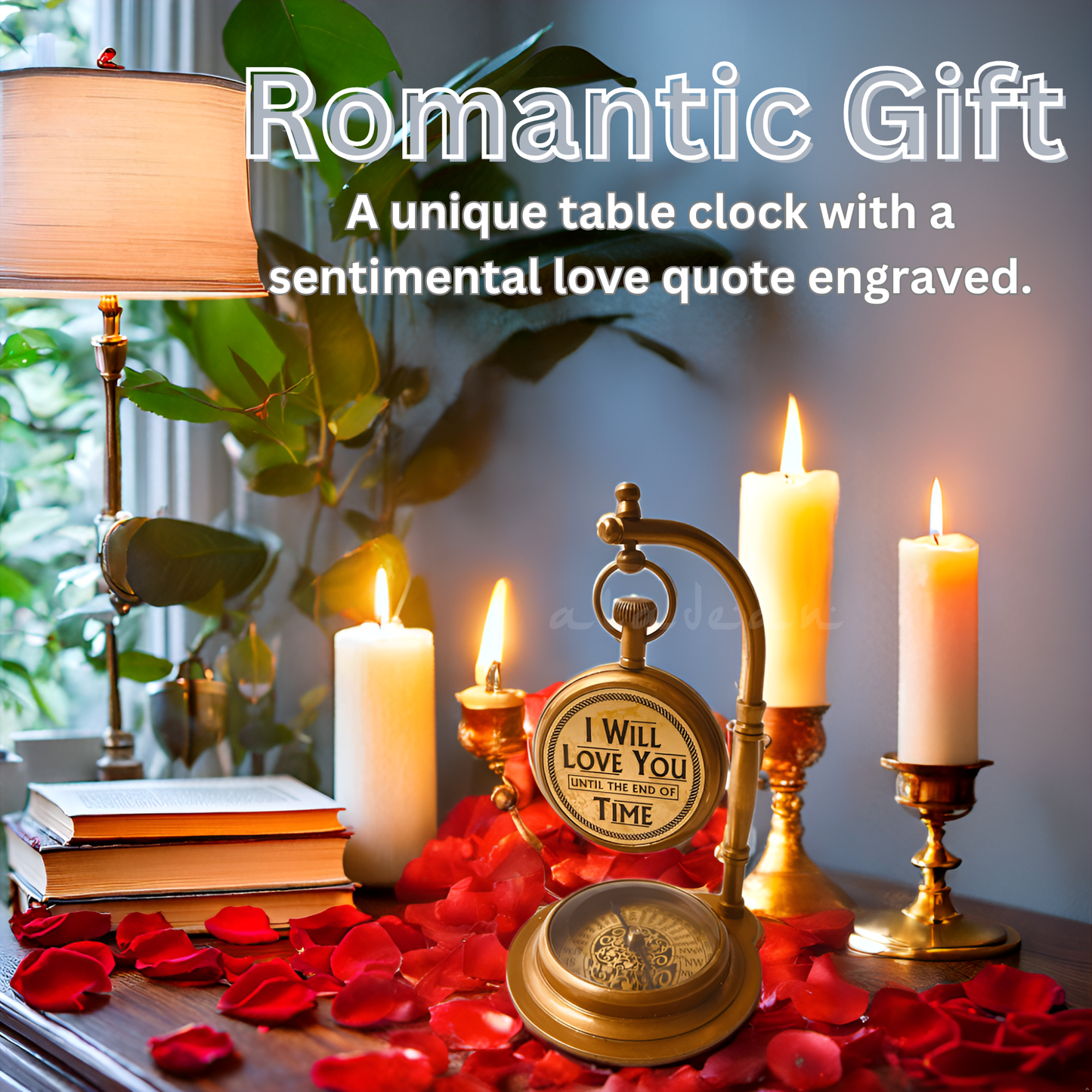 Anniversary Gift Vintage Desk Clock with Compass - Engraved Romantic Love Quote