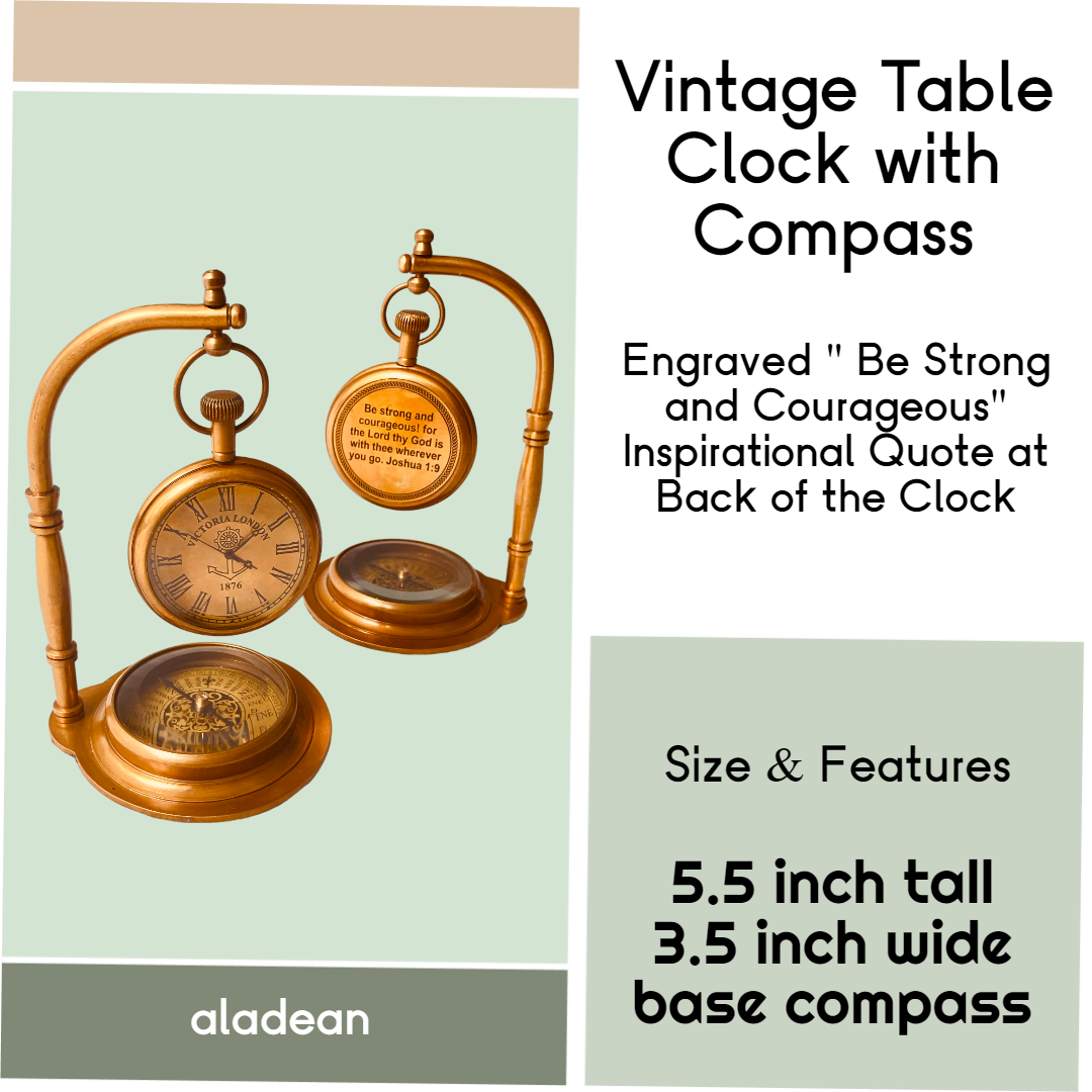 Brass Table Clock with Compass - Engraved Be strong and Courageous