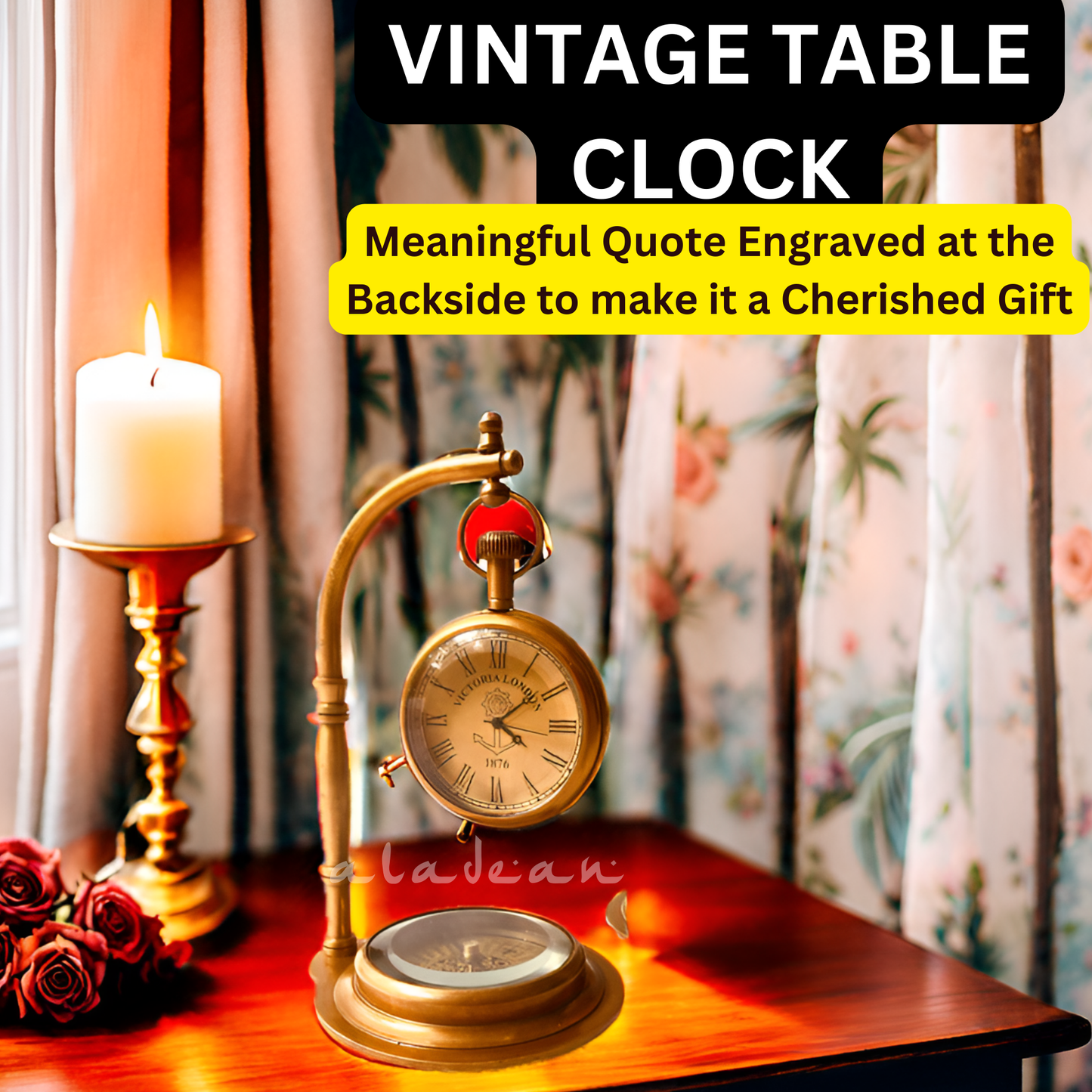 Anniversary Gift Vintage Desk Clock with Compass - Engraved Romantic Love Quote