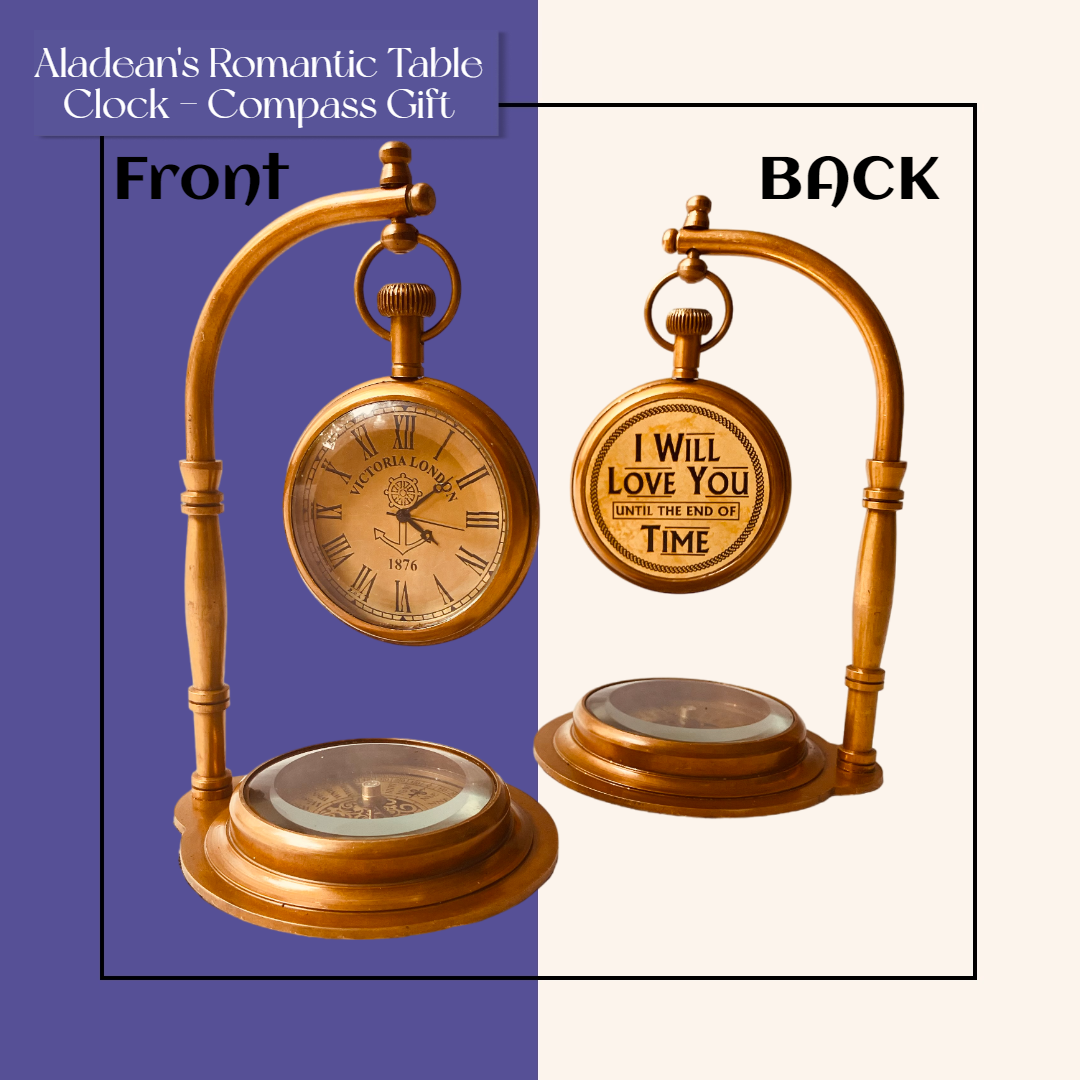 Anniversary Gift Vintage Desk Clock with Compass - Engraved Romantic Love Quote