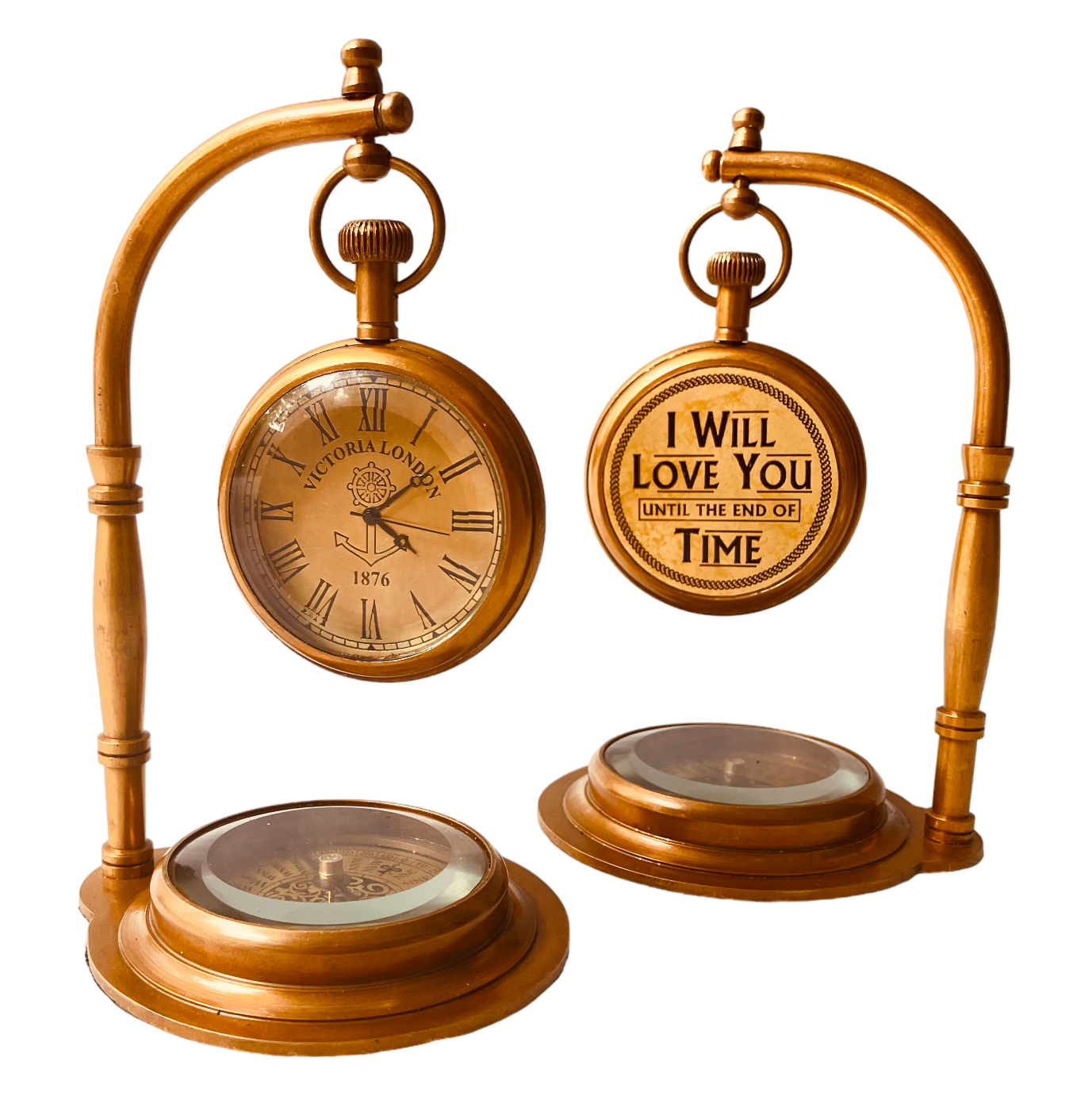 Anniversary Gift Vintage Desk Clock with Compass - Engraved Romantic Love Quote