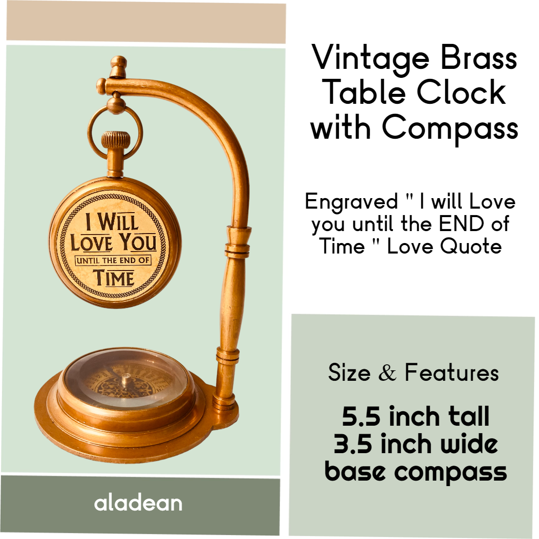 Anniversary Gift Vintage Desk Clock with Compass - Engraved Romantic Love Quote