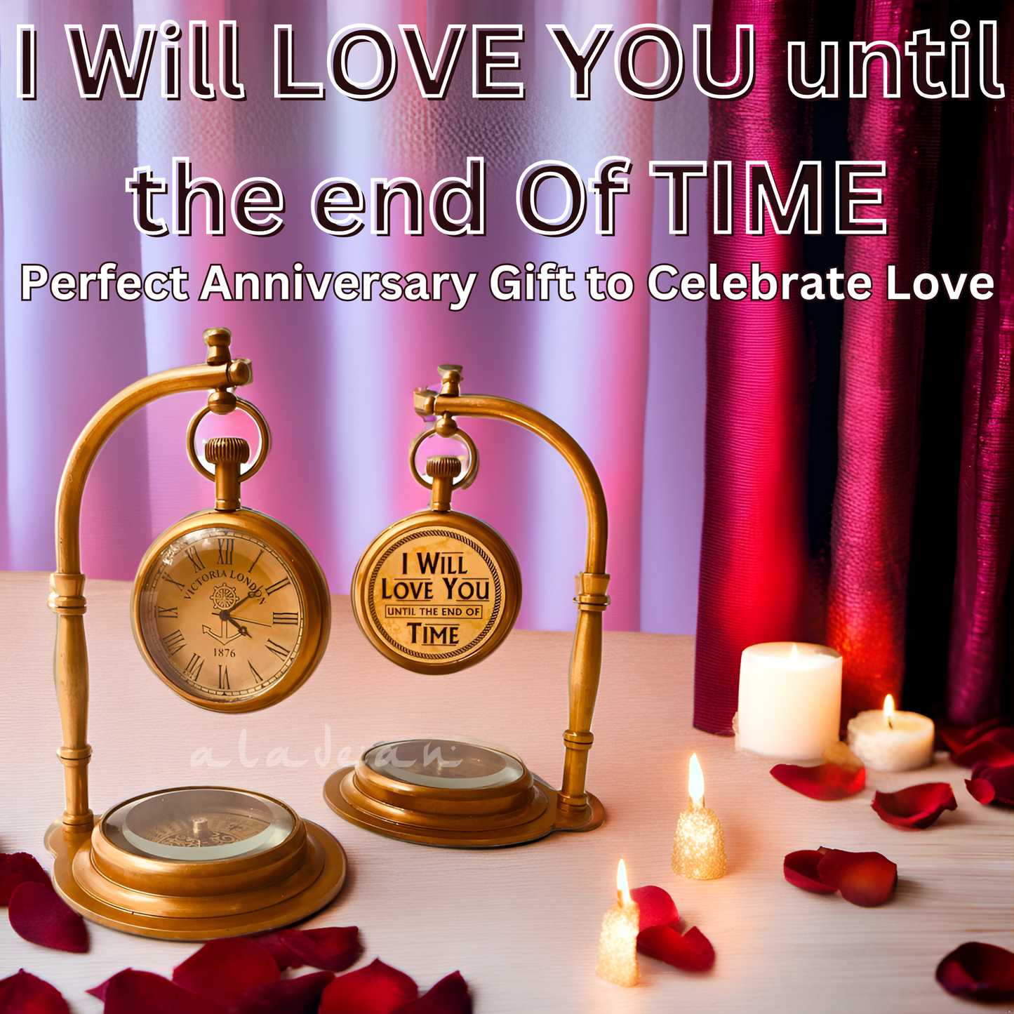 Anniversary Gift Vintage Desk Clock with Compass - Engraved Romantic Love Quote