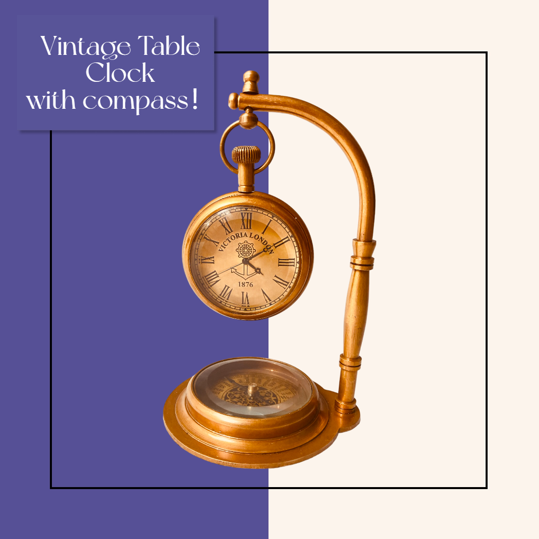 Brass Table Clock with Compass - Engraved Be strong and Courageous