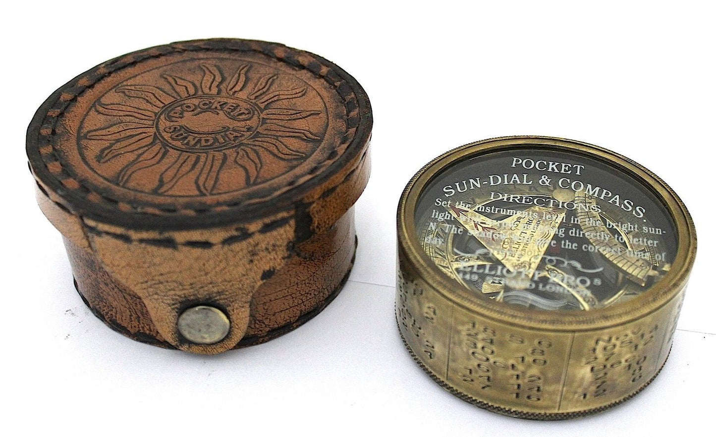 Vintage Messingtrommel-Sonnenuhr-Kompass mit Lederbezug