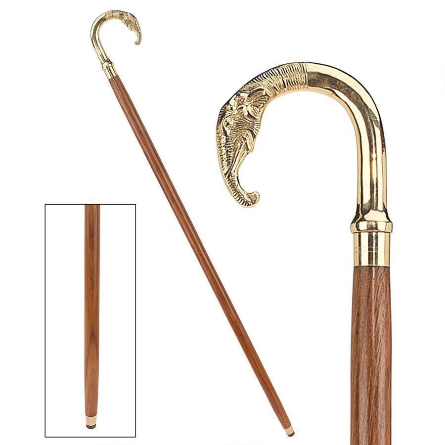 Gehstock aus Holz mit Elefantengesicht aus Messing
