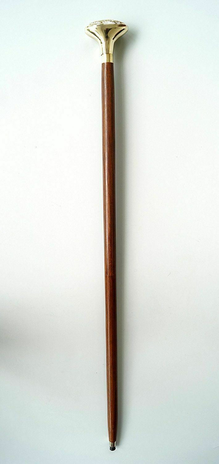 Bâton de canne de marche en bois avec poignée en laiton massif vintage