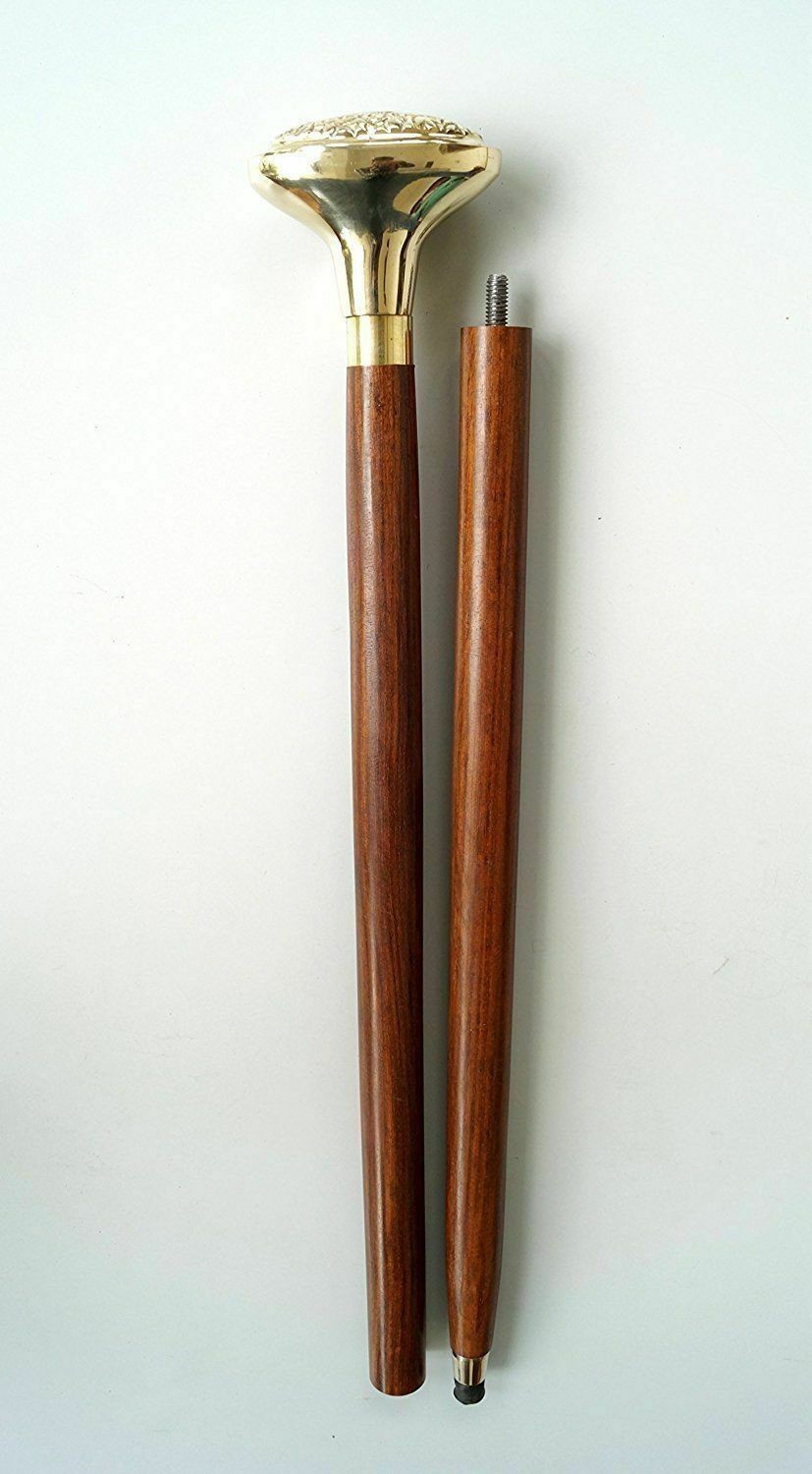 Wooden Walking Cane Stick with Vintage Solid Brass Handle