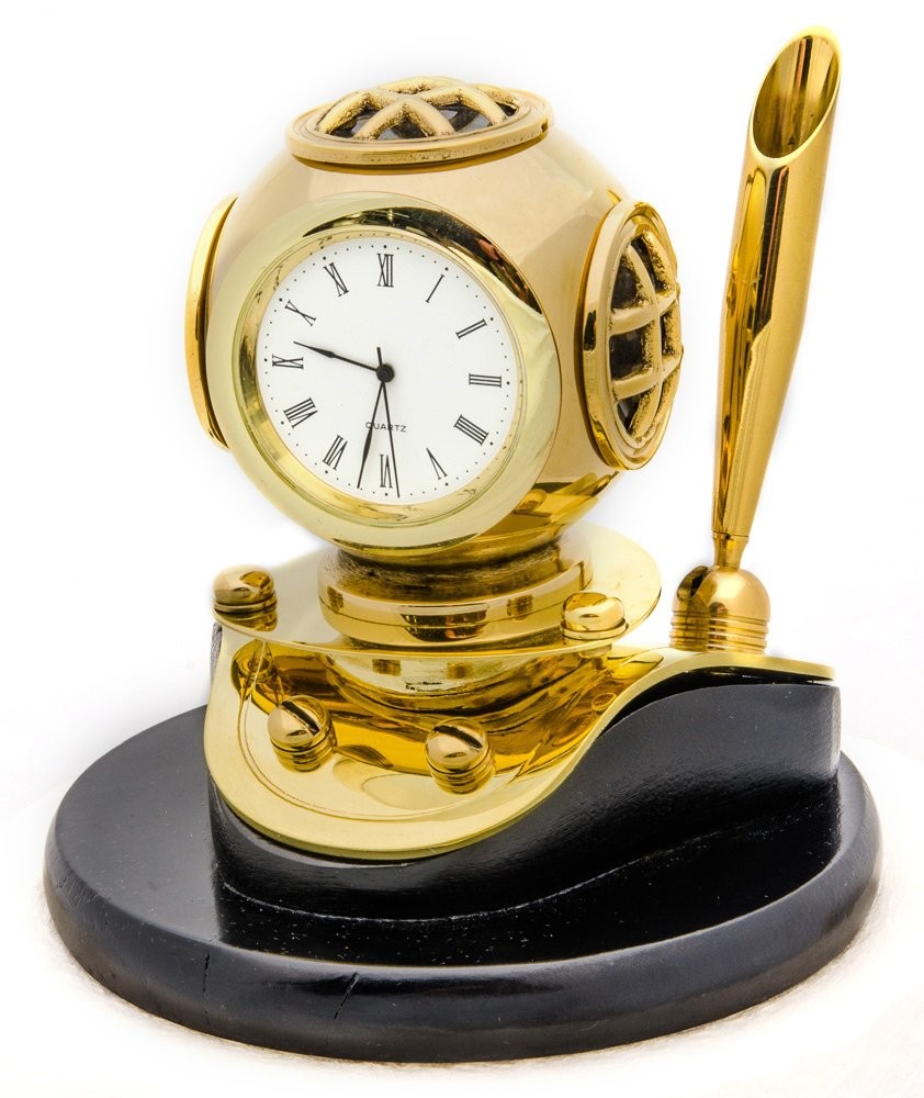 Brass Diver Diving Helmet Clock Pen Holder