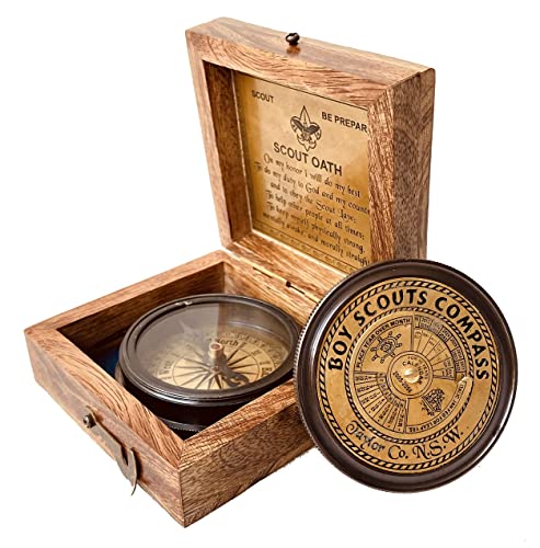 Boys Scout Compass Gift - Engraved Eagle Scout Oath Compass in Wood Box Scout Be Prepared Camping Orienteering Compass, Hiking Backpacking Compass Gift, 50 Year calander