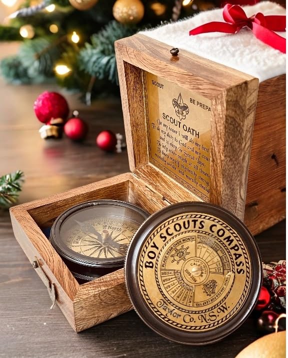 Boys Scout Compass Gift - Engraved Eagle Scout Oath Compass in Wood Box Scout Be Prepared Camping Orienteering Compass, Hiking Backpacking Compass Gift, 50 Year calander