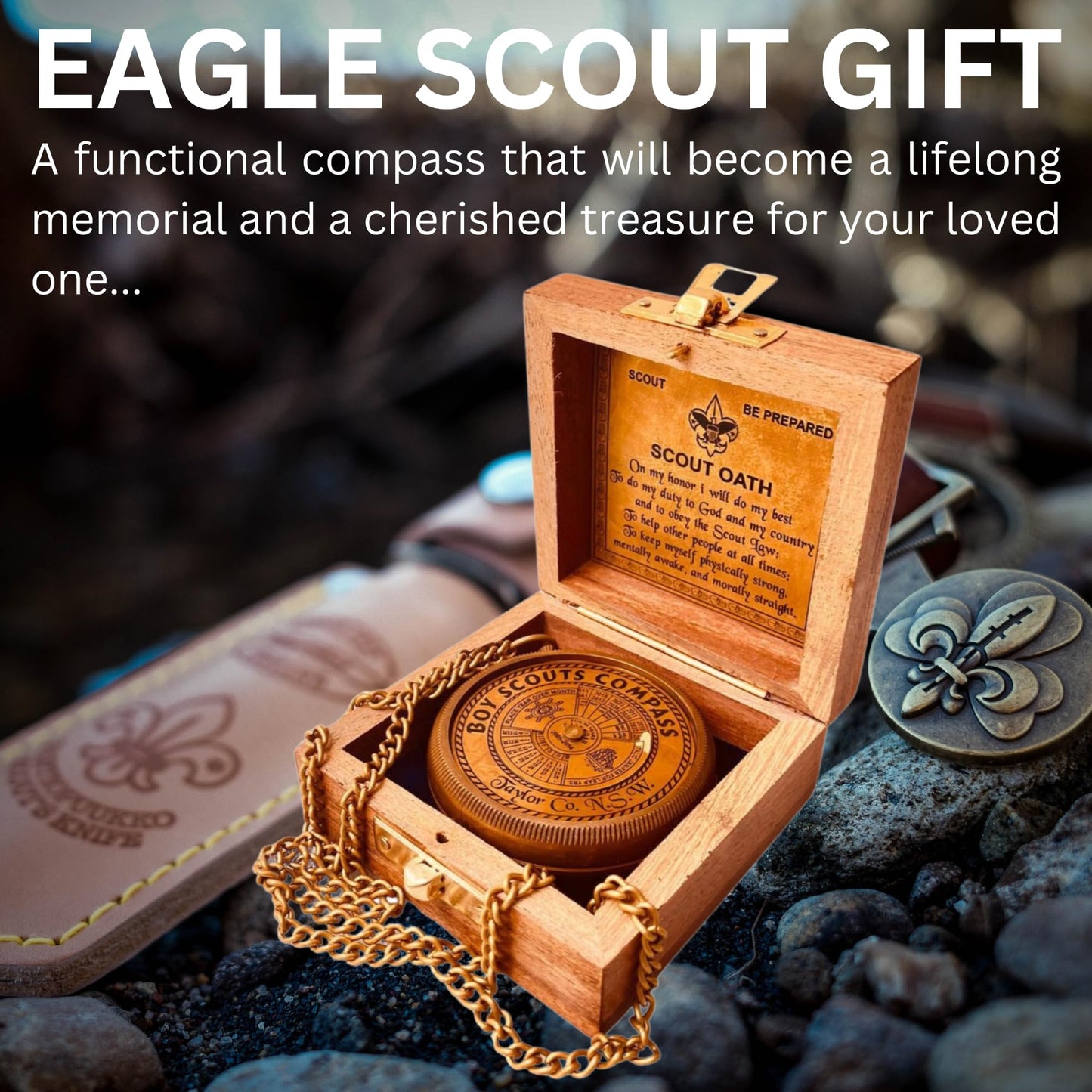 Boys Scout Compass Gift - Engraved Eagle Scout Oath Compass in Wood Box Scout Be Prepared Camping Orienteering Compass, Hiking Backpacking Compass Gift, 50 Year calander