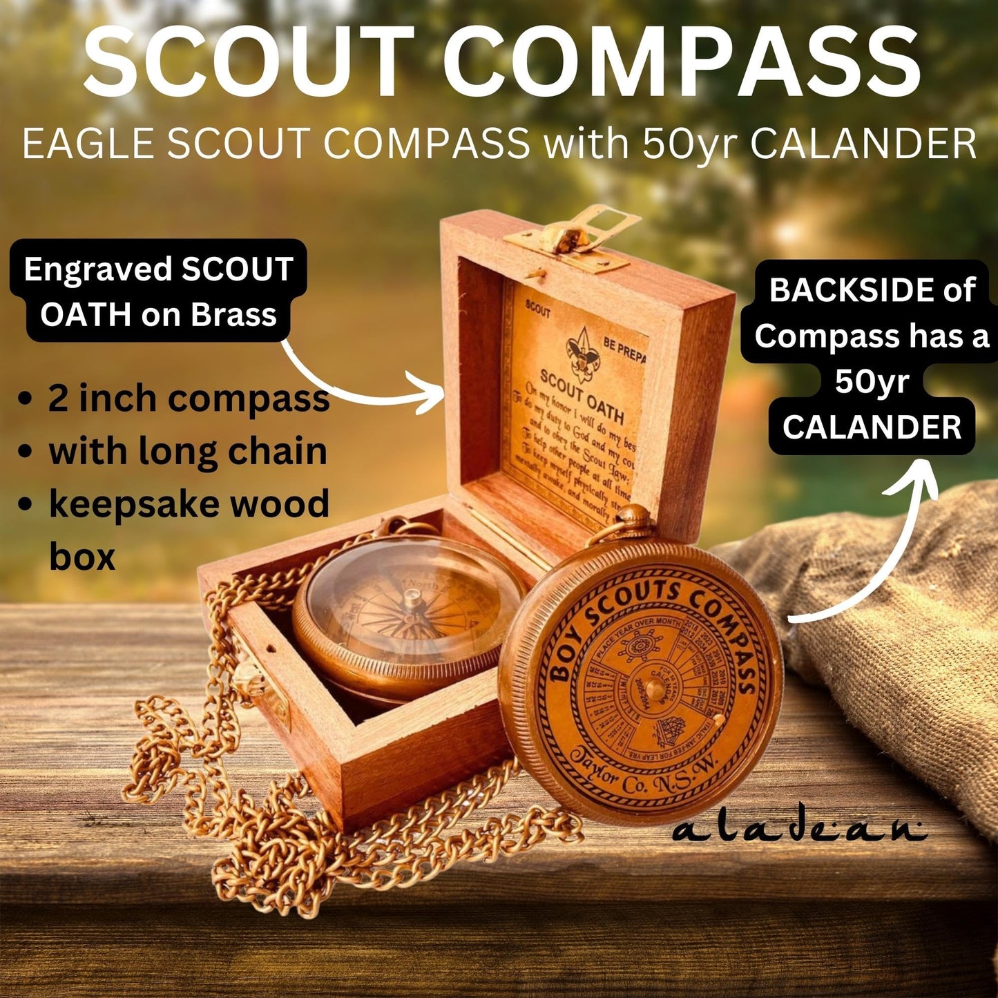 Boys Scout Compass Gift - Engraved Eagle Scout Oath Compass in Wood Box Scout Be Prepared Camping Orienteering Compass, Hiking Backpacking Compass Gift, 50 Year calander