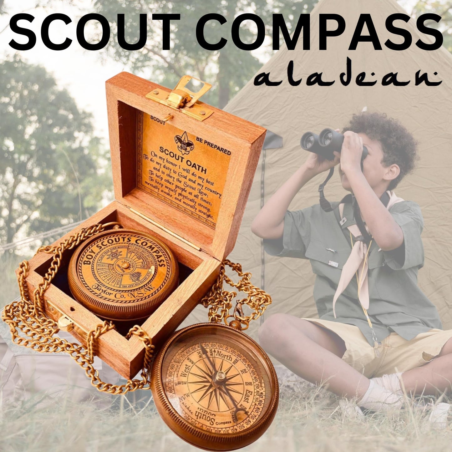 Boys Scout Compass Gift - Engraved Eagle Scout Oath Compass in Wood Box Scout Be Prepared Camping Orienteering Compass, Hiking Backpacking Compass Gift, 50 Year calander