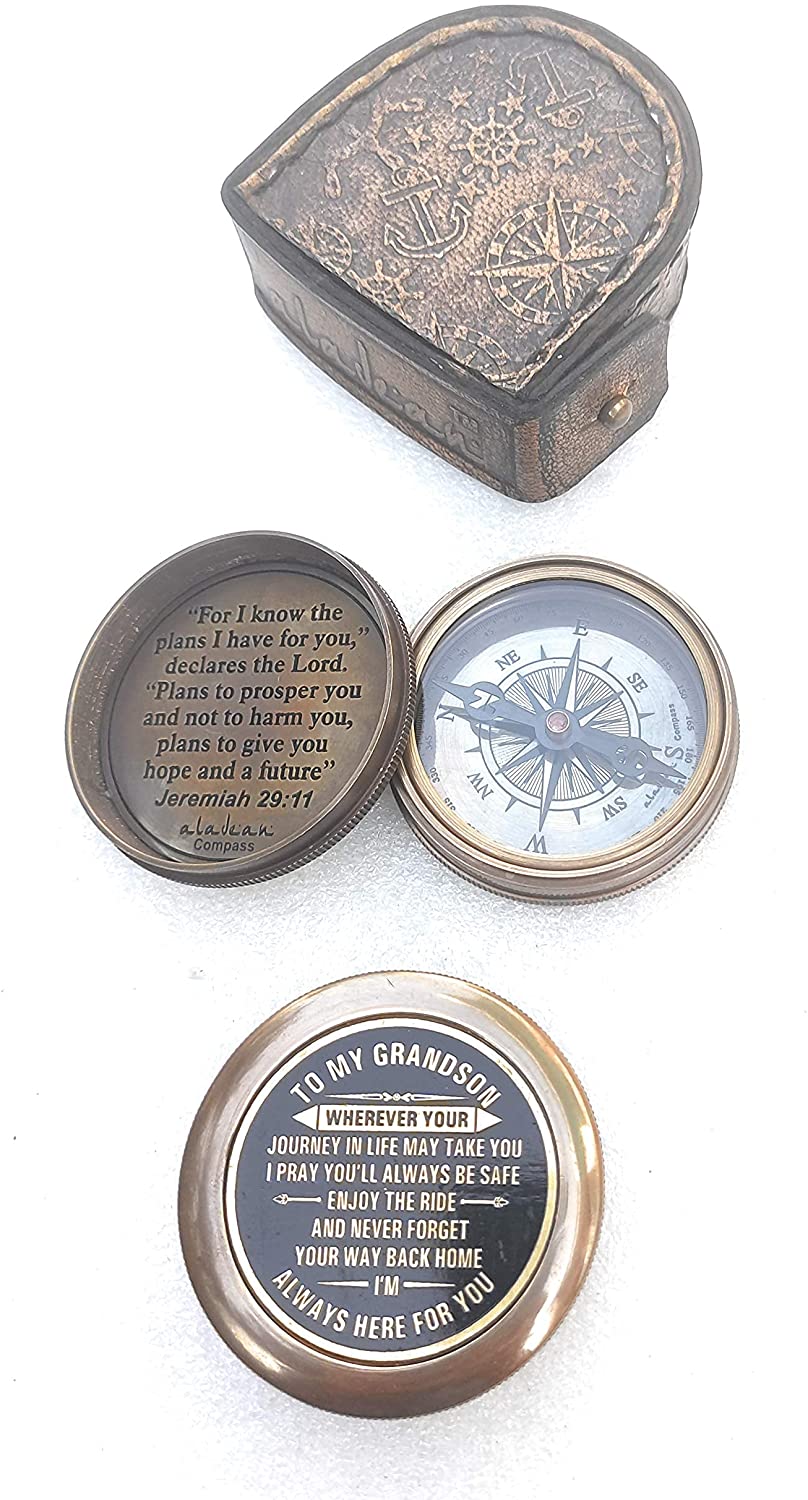 Gift for Grandson Brass Compass Engraved Quote | Memory Present to My Grandson Birthday, Baptism, Graduation, Confirmation, Love, Gift idea by Grandpa Grandma