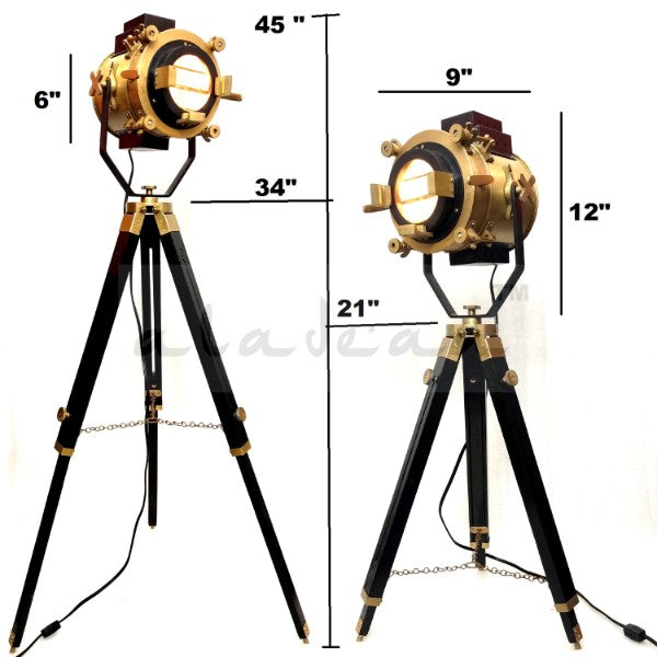 Vintage Spotlight Stehlampe Holz Dreibein Industriestil