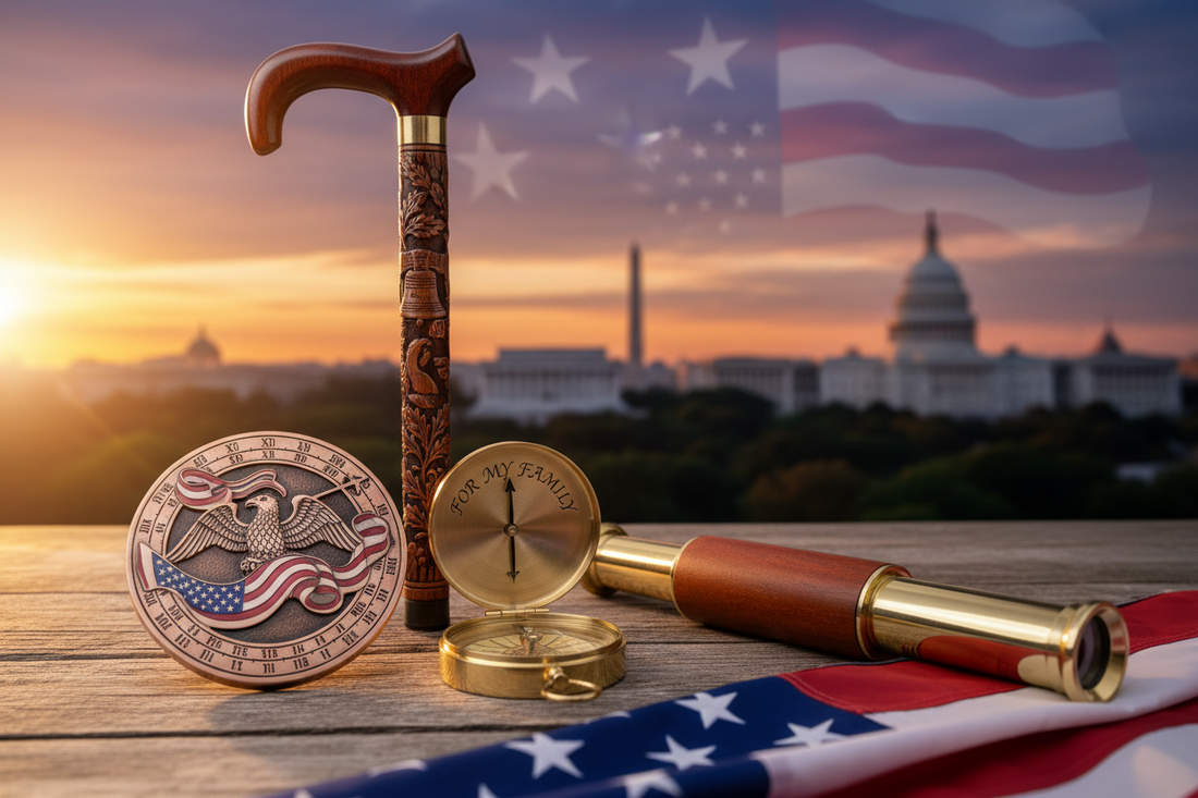Collection of personalized American gifts from Aladean - engraved compasses, military tribute pieces, nautical telescopes celebrating USA heritage and patriotism