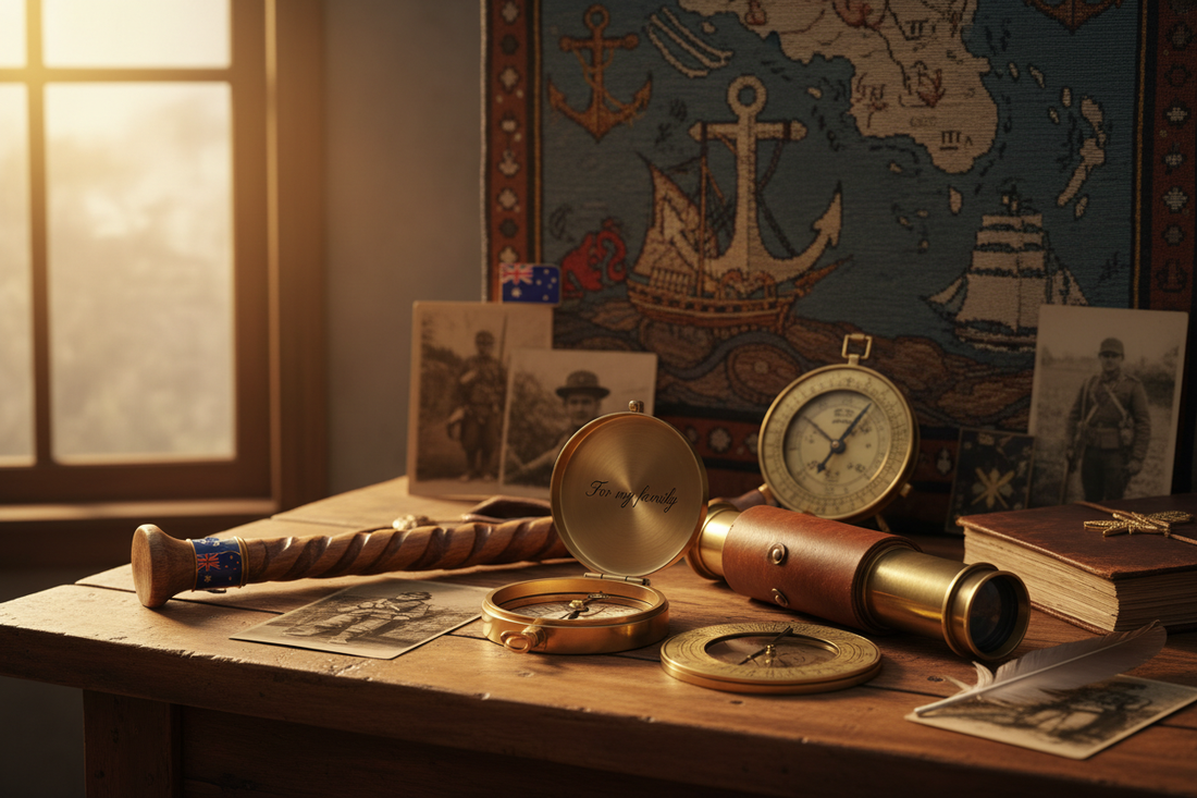 Collection of personalized ANZAC gifts from Aladean - engraved compasses, telescopes, walking canes and nautical treasures for Australia and New Zealand
