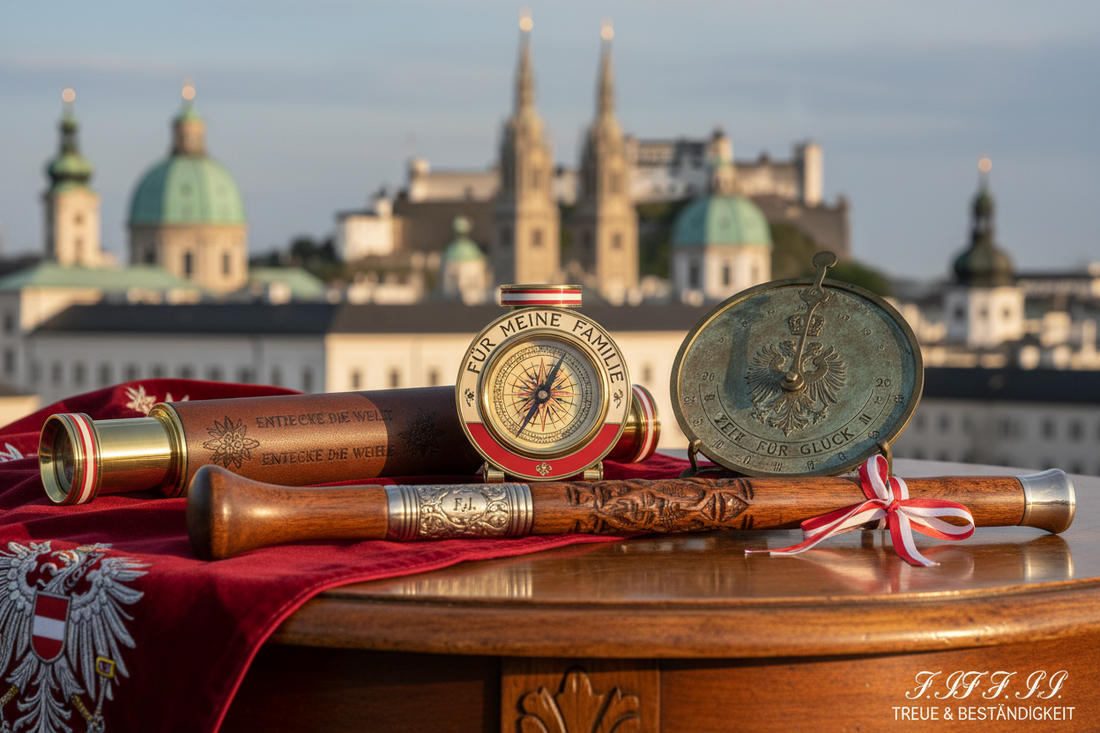 Kollektion personalisierter österreichischer Geschenke von Aladean - gravierte Kompasse, Teleskope, Wanderstöcke, die das Habsburg-Erbe und die alpine Tradition feiern