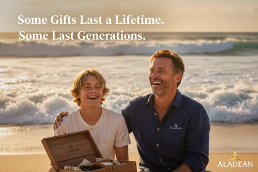Australian father and son on Bondi Beach at golden hour with Aladean gift box — personalised gifts Australia