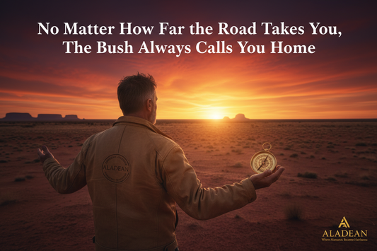 Australian man silhouetted at Outback sunrise with Aladean compass — personalised gifts Australia