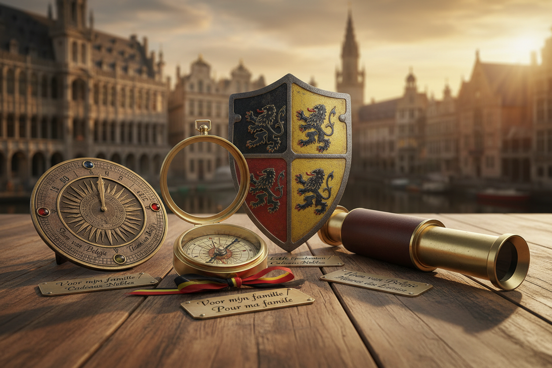 Collectie gepersonaliseerde Belgische geschenken van Aladean - gegraveerde kompassen, middeleeuwse items, telescopen met tweetalige Nederlandse en Franse graveringen