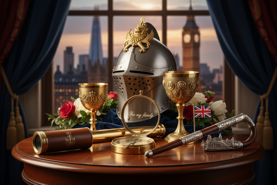 Collection of personalised British gifts from Aladean - engraved compasses, Royal Navy telescopes, medieval knight helmets, and gentleman's walking canes celebrating UK heritage