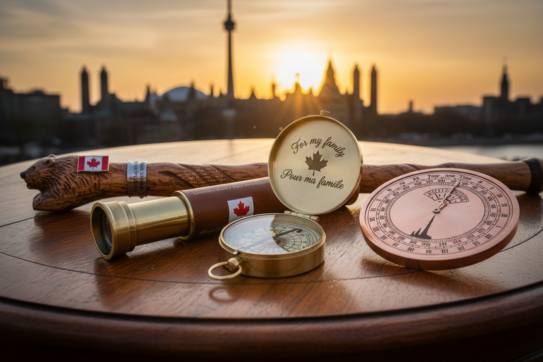Collection of personalized Canadian gifts from Aladean - engraved compasses, nautical telescopes, walking canes with bilingual English and French engravings celebrating Canadian heritage