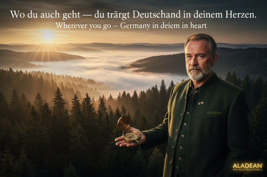 Deutscher Mann im Schwarzwald bei Sonnenaufgang mit Aladean Messingkompass — personalisierte Geschenke Deutschland