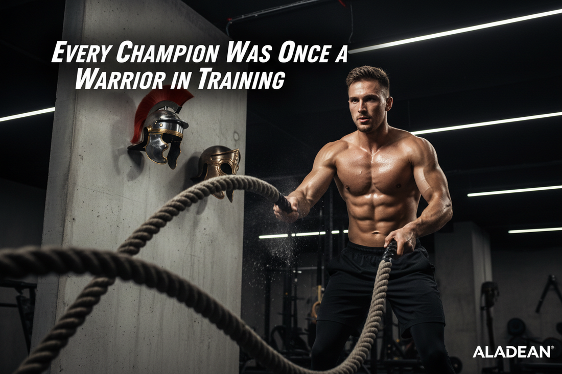 Every Champion Was Once a Warrior in Training - Modern Warrior Mindset with Roman Centurion Helmet by Aladean