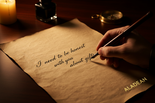 The Aladean founder writing an honest letter about gifts by candlelight with a calligraphy pen on vintage parchment — ALADEAN