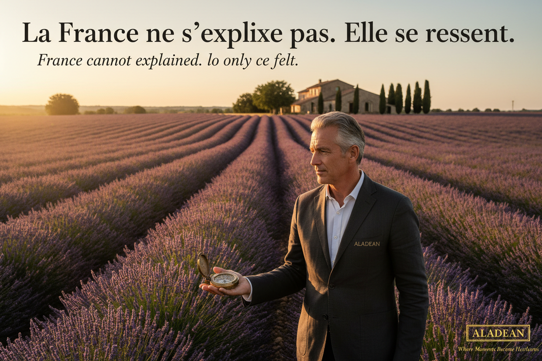 Homme français dans les lavandes de Provence au lever du soleil avec boussole Aladean — cadeaux personnalisés France