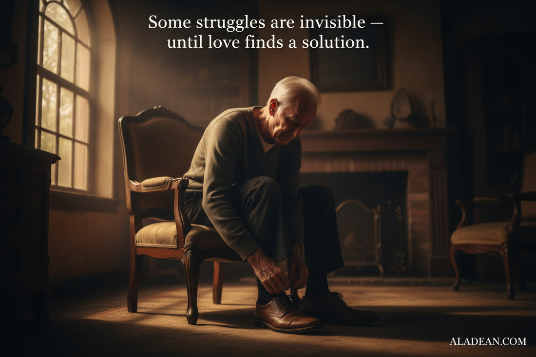 Elderly grandfather struggling to put on shoes — the moment that inspired Aladean's real horn shoe horn
