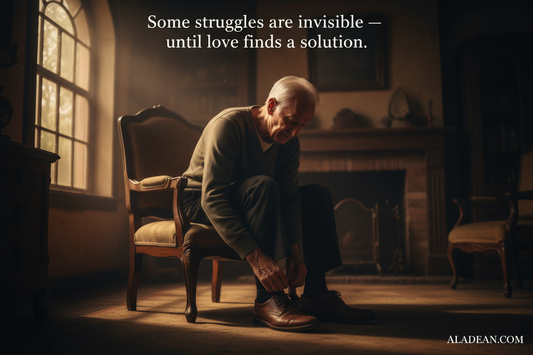Elderly grandfather struggling to put on shoes — the moment that inspired Aladean's real horn shoe horn