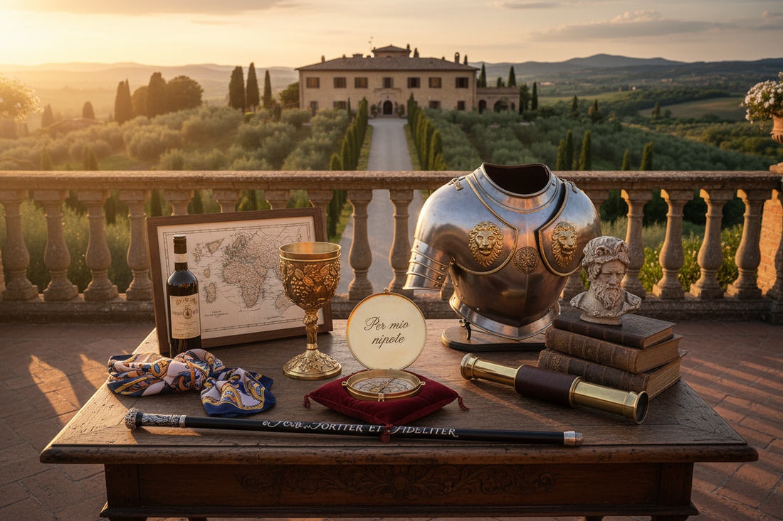 Collezione di regali personalizzati italiani di Aladean - bussole incise, telescopi, armature rinascimentali e tesori nautici