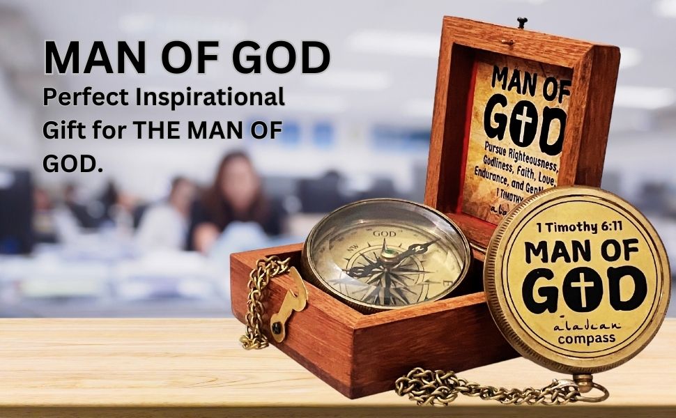 MAN OF GOD religious compass gift - brass engraved spiritual direction symbol for Christian men