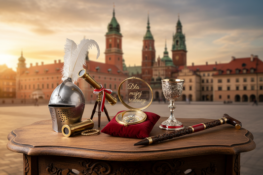 Kolekcja spersonalizowanych polskich prezentów od Aladean - grawerowane kompasy, średniowieczne hełmy rycerskie, teleskopy i skarby dziedzictwa