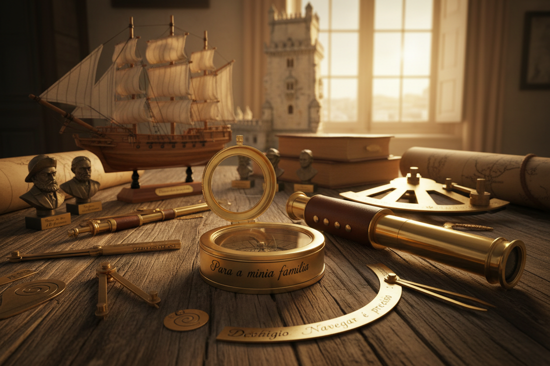 Coleção de presentes personalizados portugueses da Aladean - bússolas gravadas, telescópios e tesouros náuticos da Era dos Descobrimentos