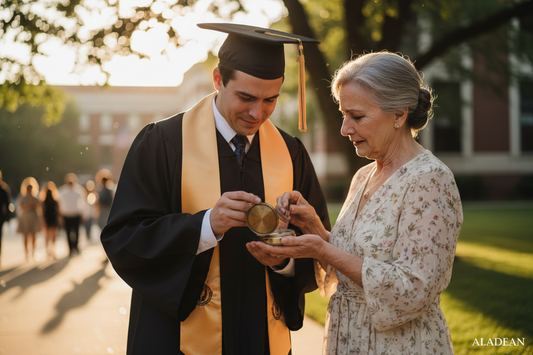 A mother handing an engraved brass compass to her son at graduation — a pure love gift that lasts forever — ALADEAN