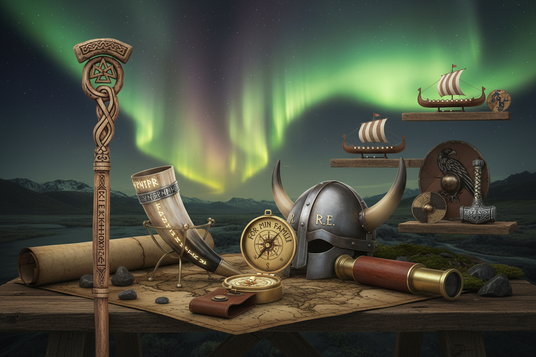 Samling av personliga skandinaviska vikingagåvor från Aladean - graverade kompasser, drickhorn, hjälmar och nautiska skatter