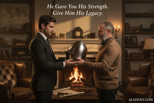 Son Presenting Handcrafted Steel Medieval Helmet to Father on Father's Day - He Gave You His Strength Give Him His Legacy - Aladean