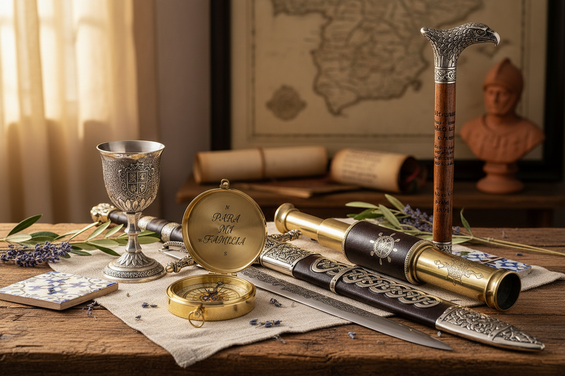 Colección de regalos personalizados españoles de Aladean - brújulas grabadas, telescopios y tesoros náuticos