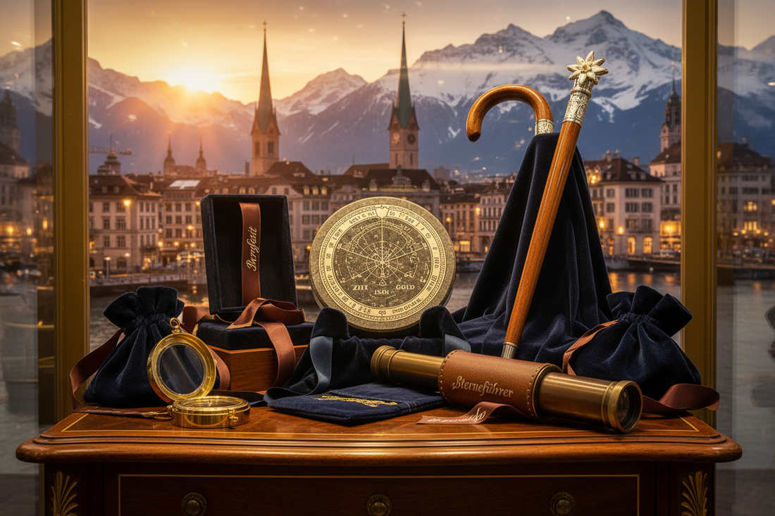 Kollektion von personalisierten Schweizer Luxusgeschenken von Aladean - gravierte Kompasse, Teleskope und Präzisionsinstrumente