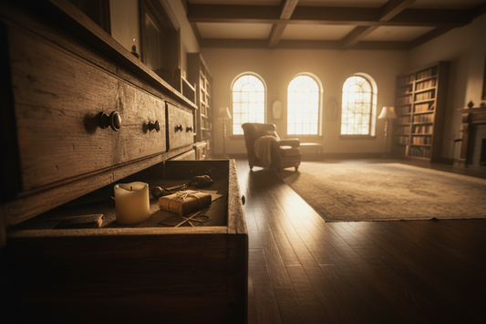 An open drawer of forgotten unmemorable gifts in a warmly lit home — ALADEAN