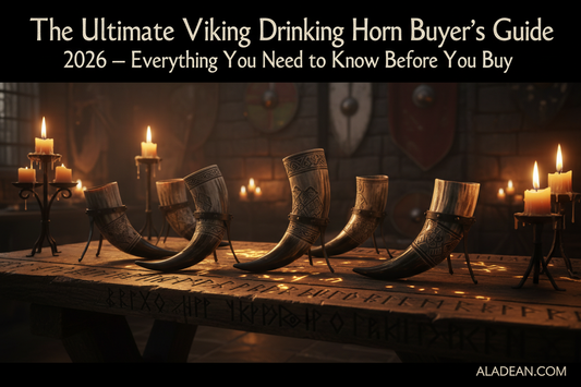 Five Real Water Buffalo Viking Drinking Horns on Ancient Oak Table - The Ultimate Viking Drinking Horn Buyer's Guide 2026 - Aladean